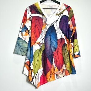ET' LOIS Women's Colorful Leaf Print 3/4 Sleeve Top Asymmetrical Hem Size Large